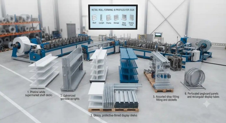 Retail Roll Forming Machines: 6 Shelving Profiles for 2026 1 máquina de perfilagem de prateleiras de varejo