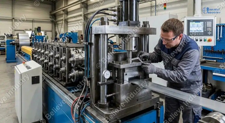 Punzonado de máquinas perfiladoras: 5 consejos de alineación para la instalación de matrices 2026 1 ¿Qué es una máquina perfiladora de rodillos con instalación de troqueles?